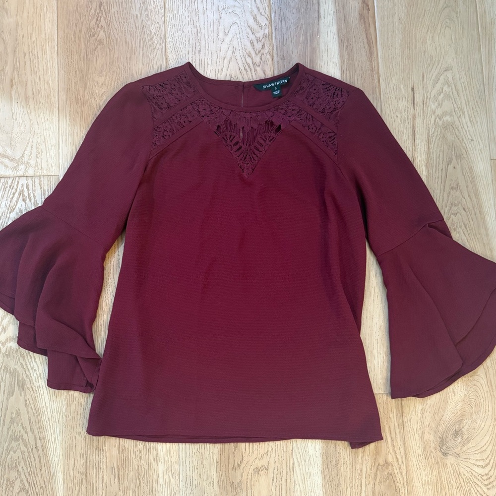 Burgundy  Lace Yoke Bell Sleeve Top